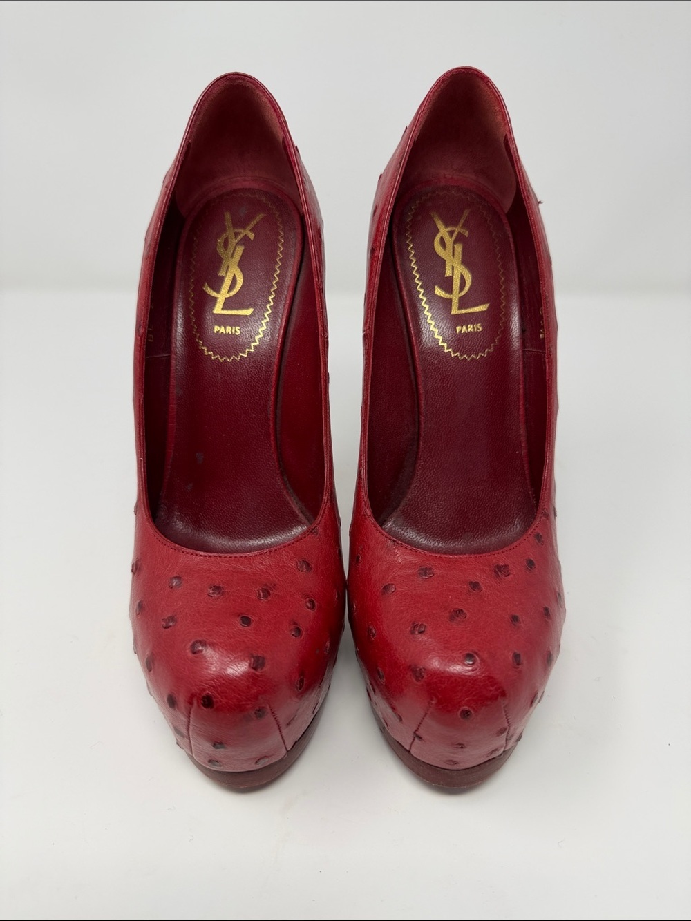 YSL Yves Saint Laurent Red Ostrich Platform Pumps